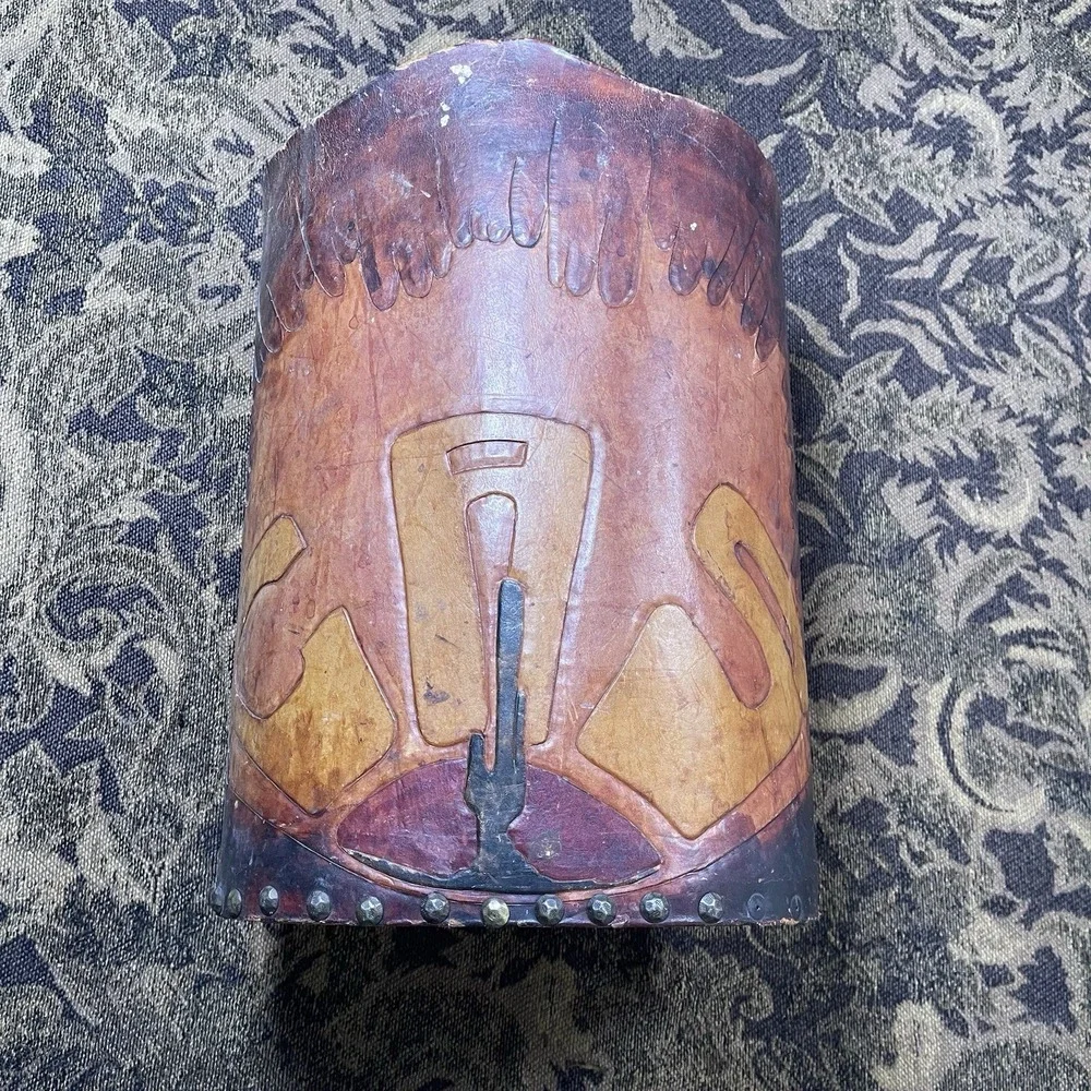 19th Century American Cactus Leather Wastebasket Bin Loop Lace 10.5